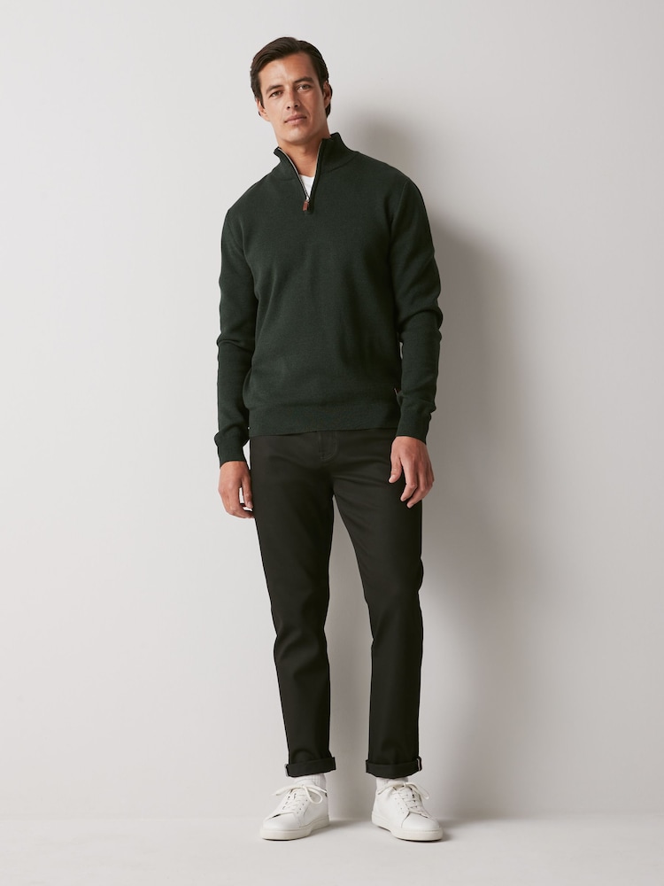 Dark Green Plain Regular Fit 100% Cotton Premium Quarter Zip Jumper - Image 2 of 7