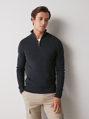 Navy Blue Zip Neck Knitted Premium Regular Fit Jumper - Image 2 of 6