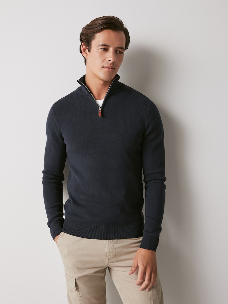Navy Blue Zip Neck Knitted Premium Regular Fit Jumper - Image 2 of 6