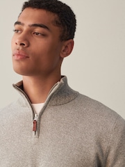 Light Grey/Neutral Plain Regular Fit 100% Cotton Premium Quarter Zip Jumper - Image 1 of 7
