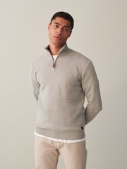 Light Grey/Neutral Plain Regular Fit 100% Cotton Premium Quarter Zip Jumper - Image 3 of 7