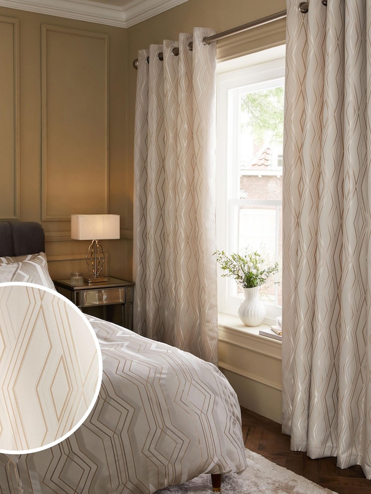 Champagne Gold Diamond Jacquard Geometric Eyelet Lined Curtains - Image 1 of 5