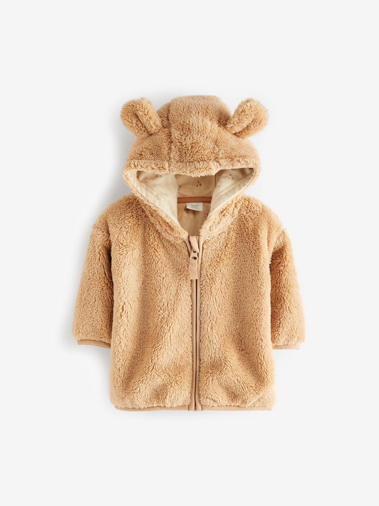 Toffee Brown Cosy Teddy Borg Fleece Bear Baby Jacket - Image 1 of 3