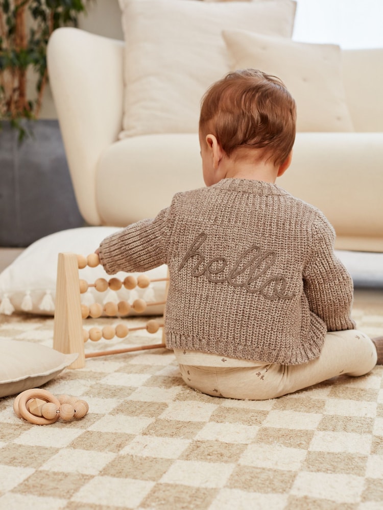 Brown 100% Cotton Chunky Knitted Embroidered Baby Cardigan - Image 1 of 1