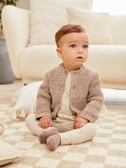Brown 100% Cotton Chunky Knitted Embroidered Baby Cardigan - Image 1 of 10