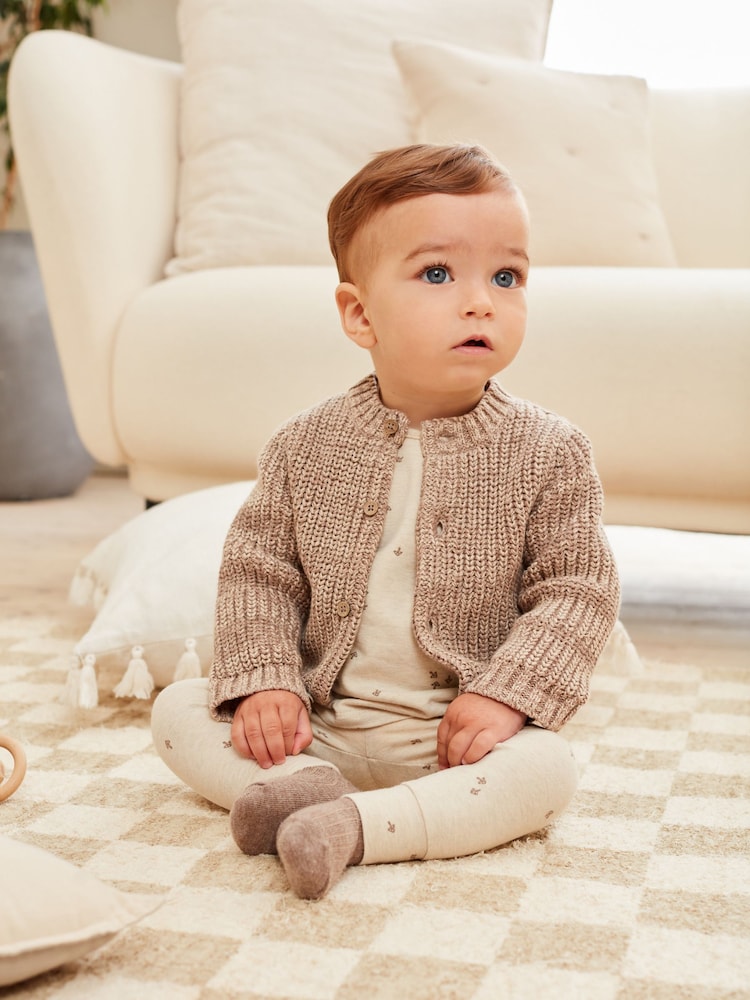Brown 100% Cotton Chunky Knitted Embroidered Baby Cardigan - Image 1 of 10
