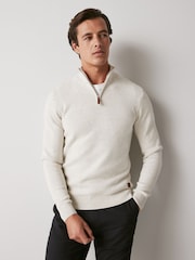 Oatmeal Natural Zip Neck Knitted Premium Regular Fit Jumper - Image 1 of 5