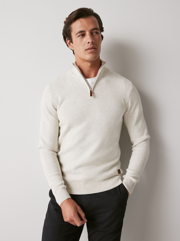 Бежевый - Воротник с молнией - Стандартный крой 100% хлопок Premium Quarter Zip джемпер - Image 1 of 5 Бежевый - Воротник с молнией - Стандартный крой 100% хлопок Premium Quarter Zip джемпер - Image 1 of 5