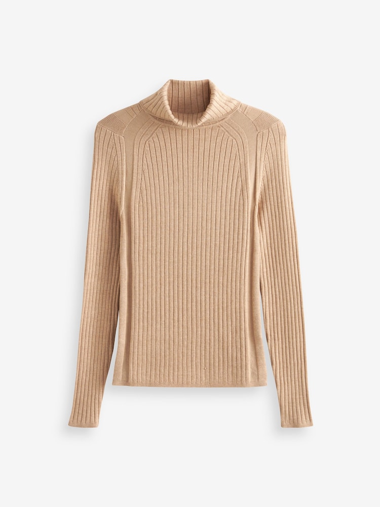 Camel Brown Ribbed Roll Neck Jumper - Image 6 of 6