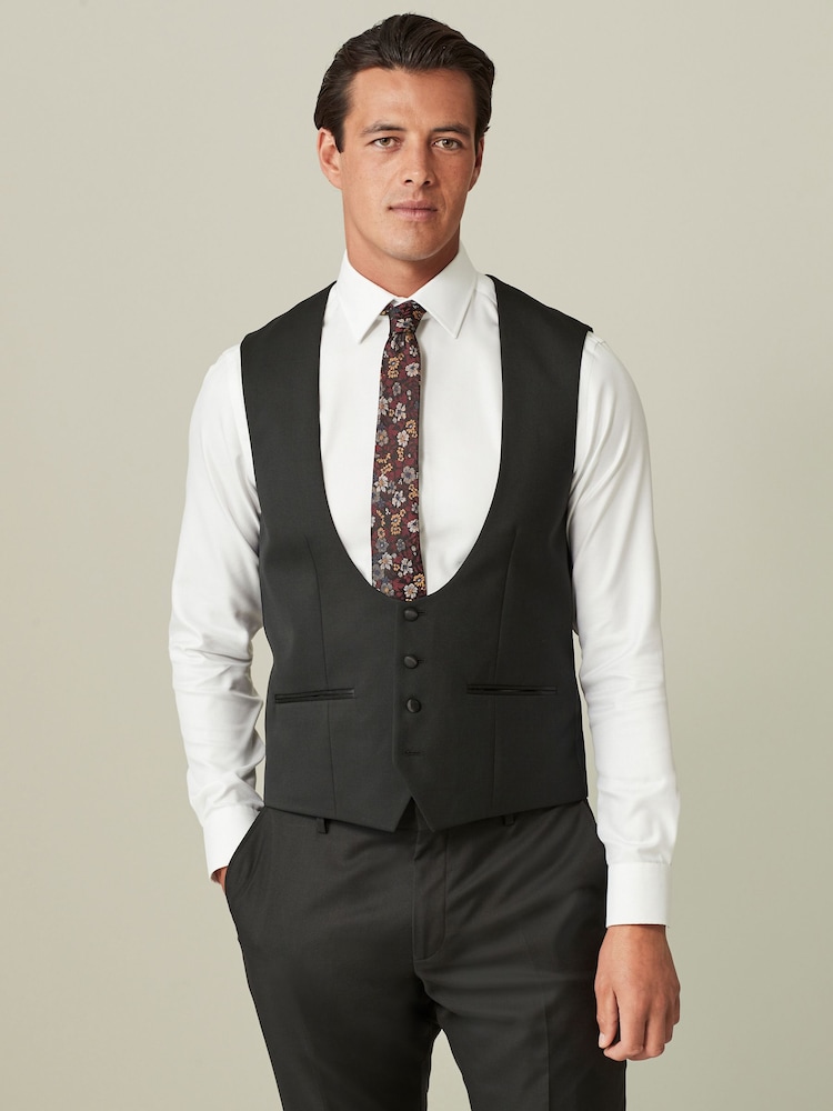 Black Regular Fit Wool Blend Shiny Tuxedo Waistcoat - Image 1 of 10
