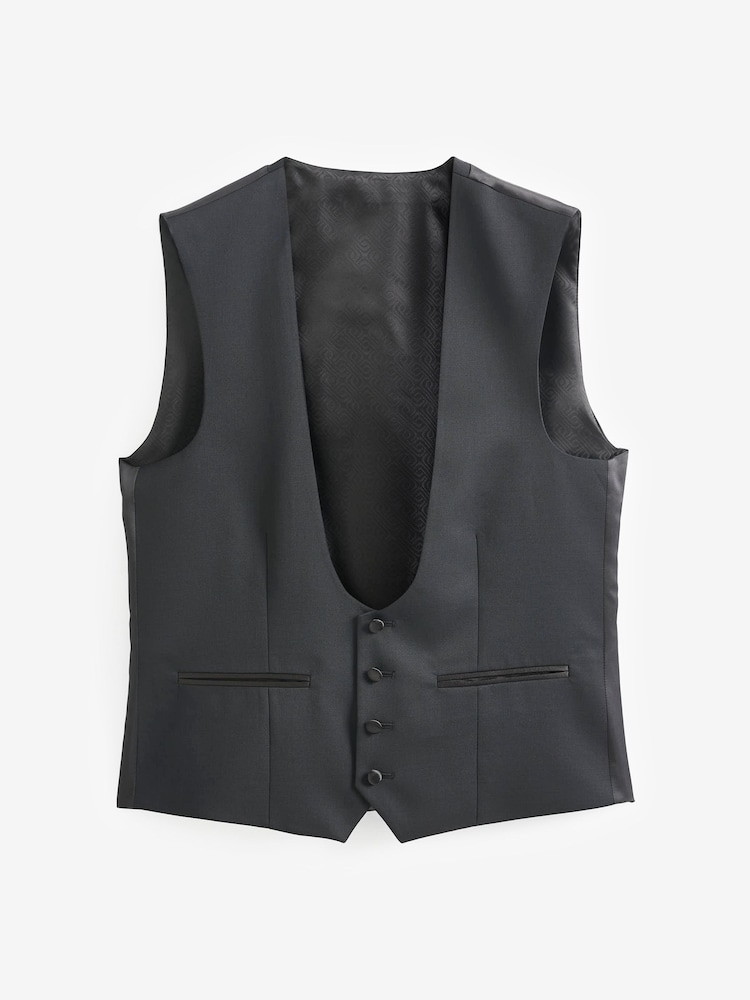 Black Regular Fit Wool Blend Shiny Tuxedo Waistcoat - Image 7 of 10