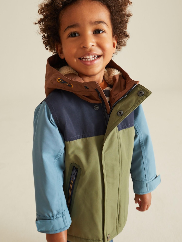 Khaki Green Colourblock Waterproof Teddy Borg Fleece Lined Coat (3mths-7yrs) - Image 1 of 12