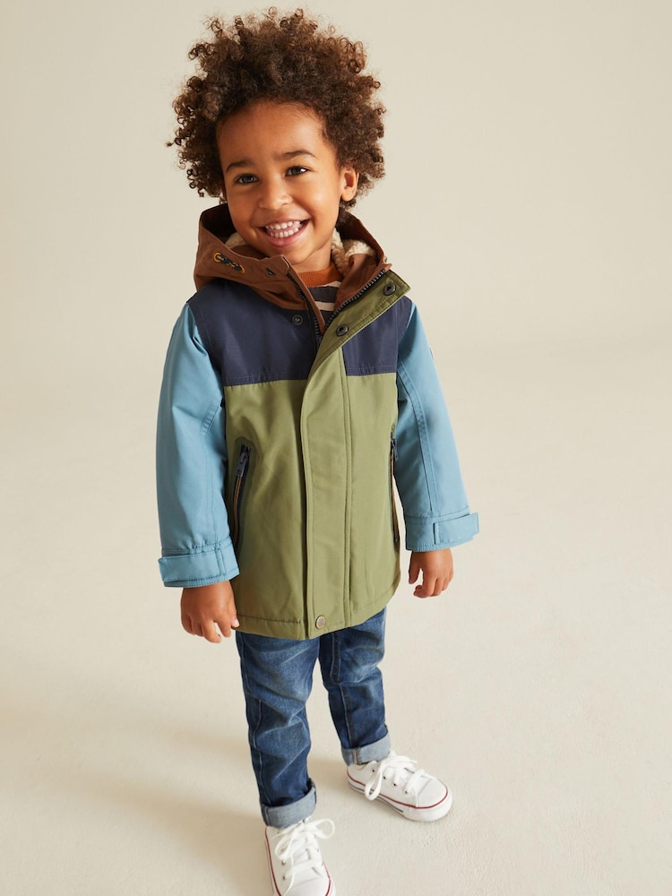 Khaki Green Colourblock Waterproof Teddy Borg Fleece Lined Coat (3mths-7yrs) - Image 2 of 12