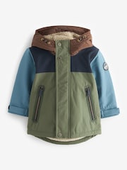 Khaki Green Colourblock Waterproof Teddy Borg Fleece Lined Coat (3mths-7yrs) - Image 7 of 12