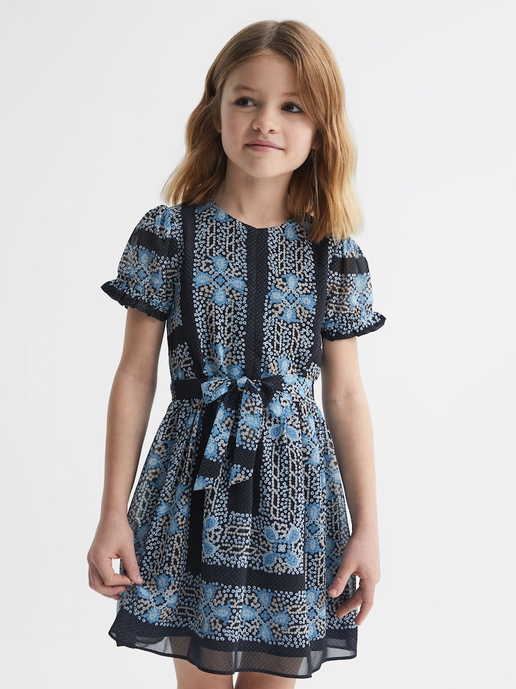 Reiss Navy Alianna Floral Print Puff Sleeve Dress - Image 1 of 6