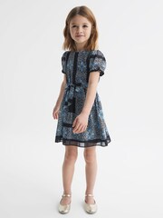Reiss Navy Alianna Floral Print Puff Sleeve Dress - Image 3 of 6