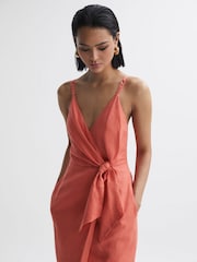 Reiss Coral Esme Linen Side Tie Midi Dress - Image 4 of 6