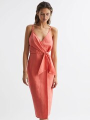 Reiss Coral Esme Linen Side Tie Midi Dress - Image 6 of 6
