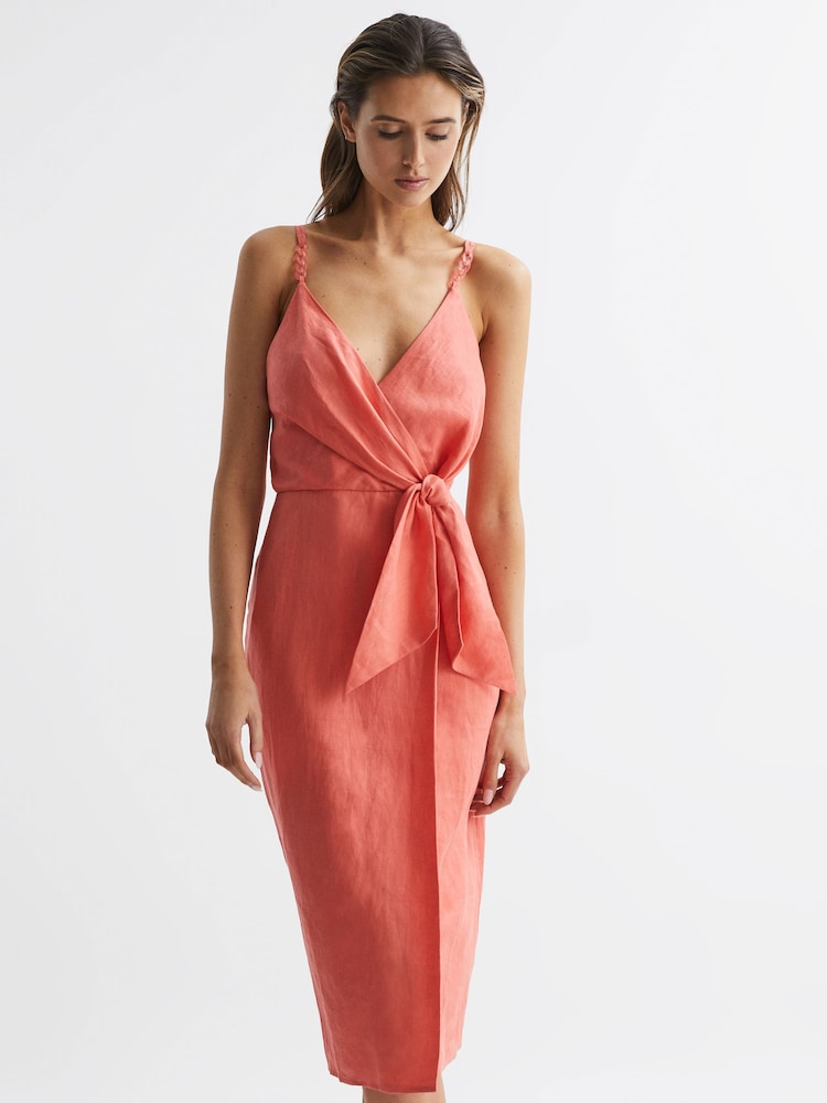 Reiss Coral Esme Linen Side Tie Midi Dress - Image 6 of 6