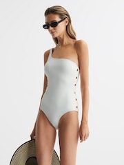 Reiss White Bethany One Shoulder Button Detail Swimsuit - Image 1 of 6