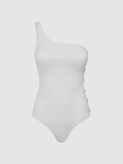 Reiss White Bethany One Shoulder Button Detail Swimsuit - Image 2 of 6