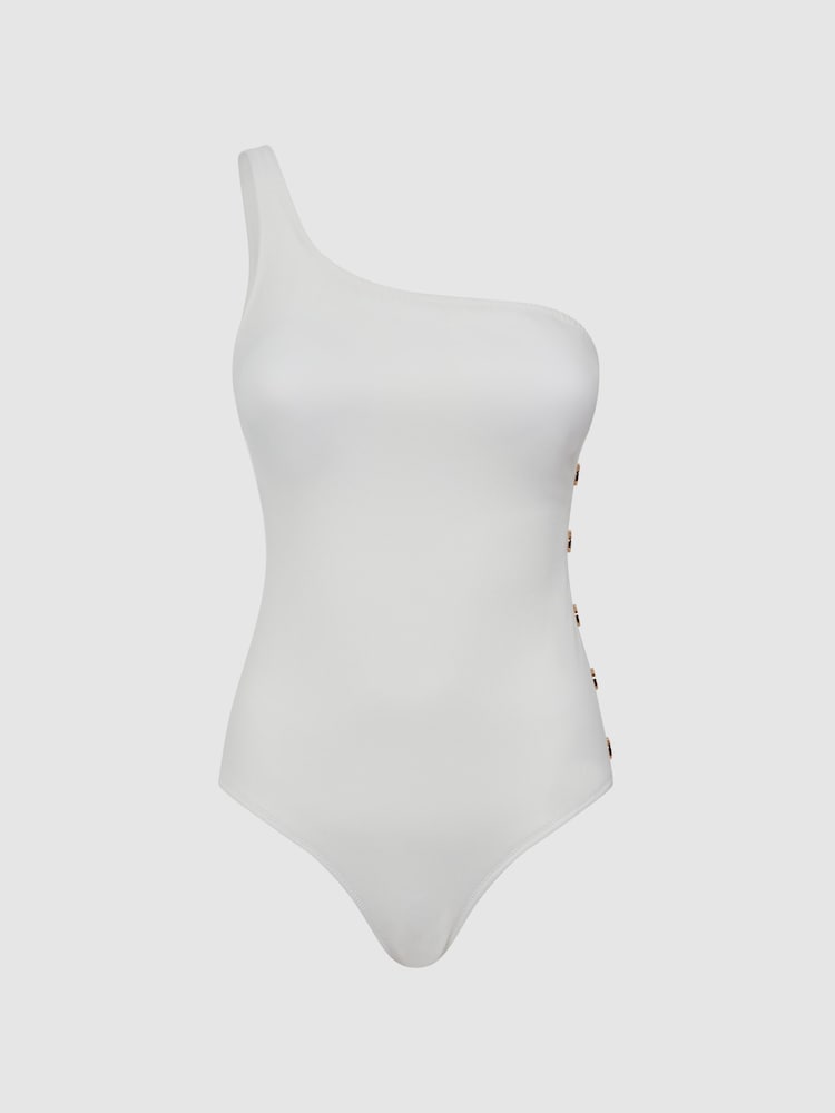 Reiss White Bethany One Shoulder Button Detail Swimsuit - Image 2 of 6