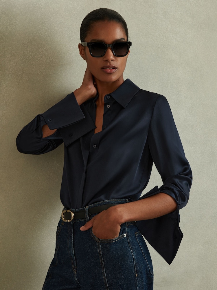 Reiss Navy Hailey Silk Double-Cuff Button-Through Shirt - Image 1 of 6