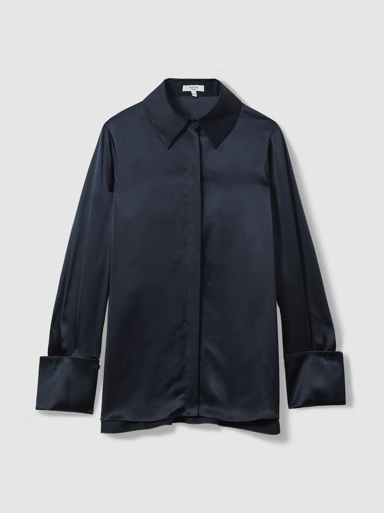 Reiss Navy Hailey Silk Double-Cuff Button-Through Shirt - Image 2 of 6