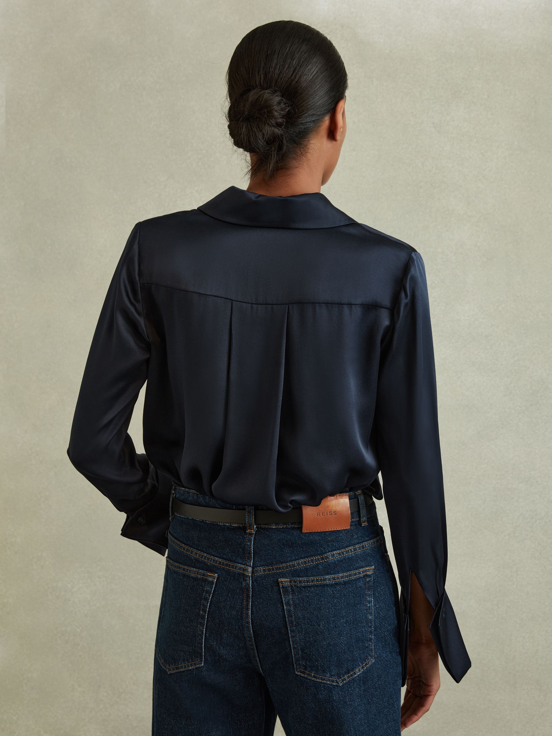 Buy Reiss Navy Hailey Silk Double-Cuff Button-Through Shirt from