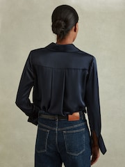 Reiss Navy Hailey Silk Double-Cuff Button-Through Shirt - Image 4 of 6