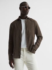 Reiss Bitter Chocolate Ruban Linen Button-Through Shirt - Image 1 of 6