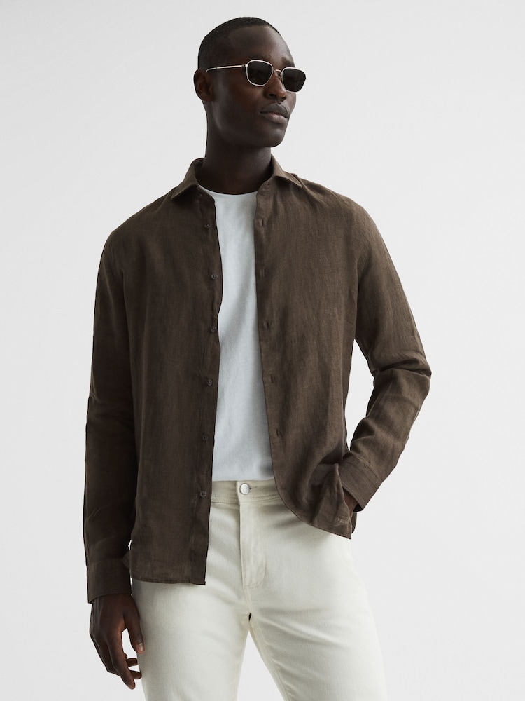 Reiss Bitter Chocolate Ruban Linen Button-Through Shirt - Image 1 of 6