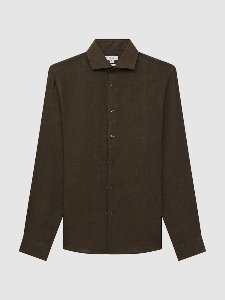 Reiss Bitter Chocolate Ruban Linen Button-Through Shirt - Image 2 of 6