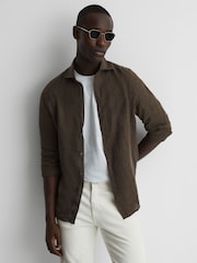 Reiss Bitter Chocolate Ruban Linen Button-Through Shirt - Image 6 of 6