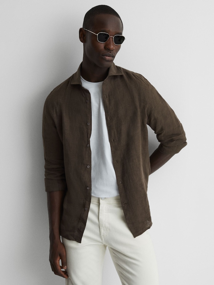 Reiss Bitter Chocolate Ruban Linen Button-Through Shirt - Image 6 of 6