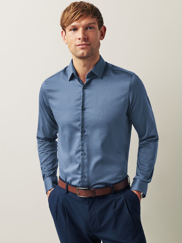 Blue Herringbone Trimmed Shirt - Image 1 of 11 Blue Herringbone Trimmed Shirt - Image 1 of 11