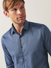 Blue Herringbone Trimmed Shirt - Image 3 of 11