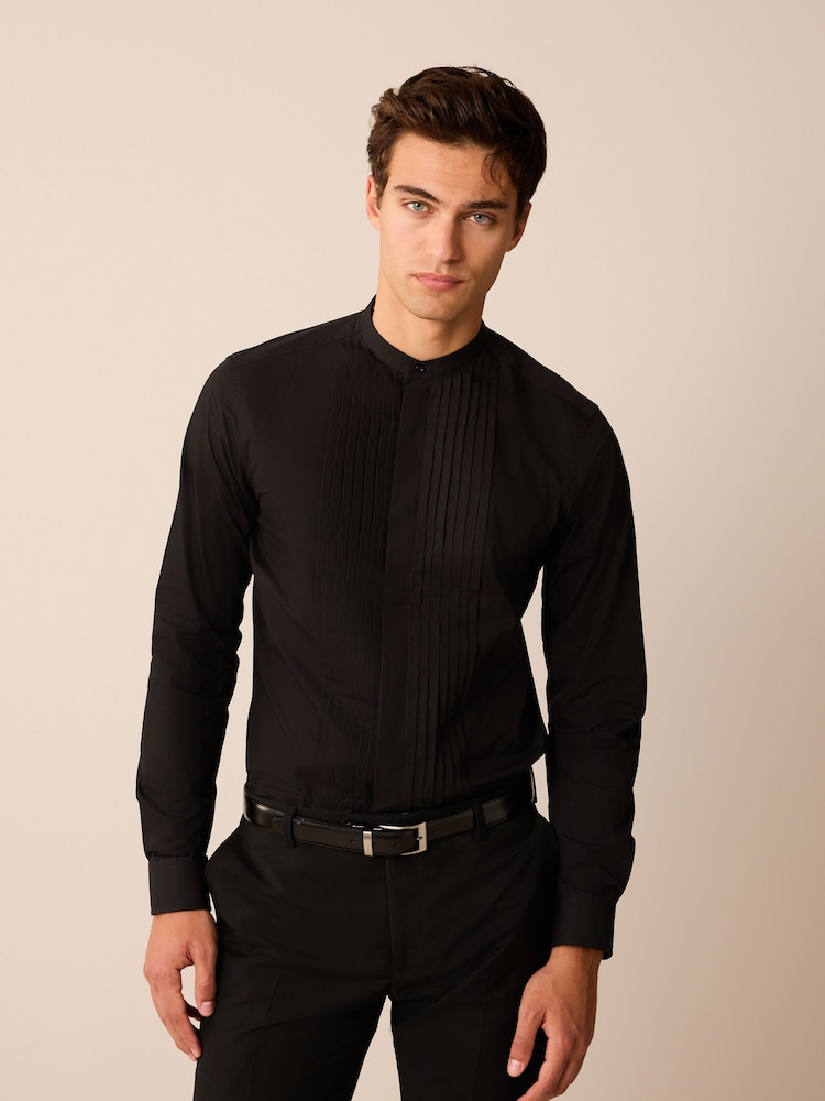 Schwarz/Henleykragen - Plissiertes Hemdkleid für besondere Anlässe - Bild 1 von 6