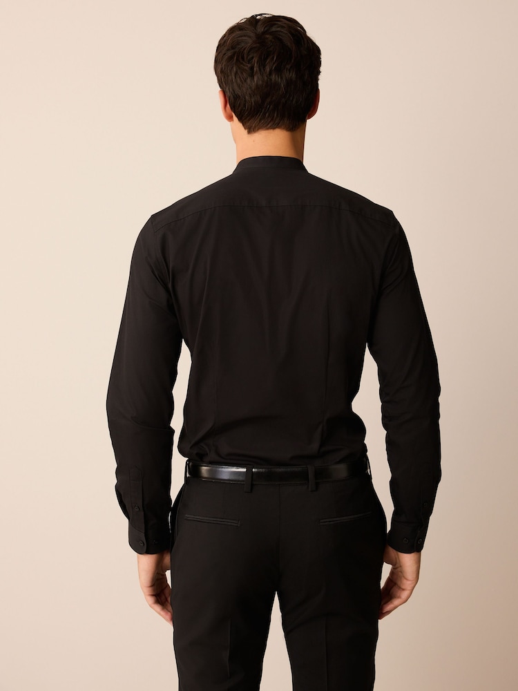 Black Grandad Collar Slim Fit Single Cuff Occasion Pleated Dress Shirt - Image 3 of 6