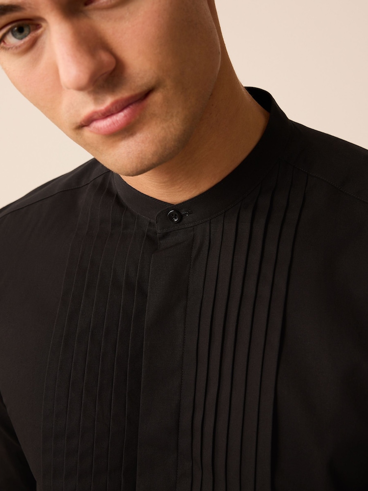 Black Grandad Collar Slim Fit Single Cuff Occasion Pleated Dress Shirt - Image 4 of 6