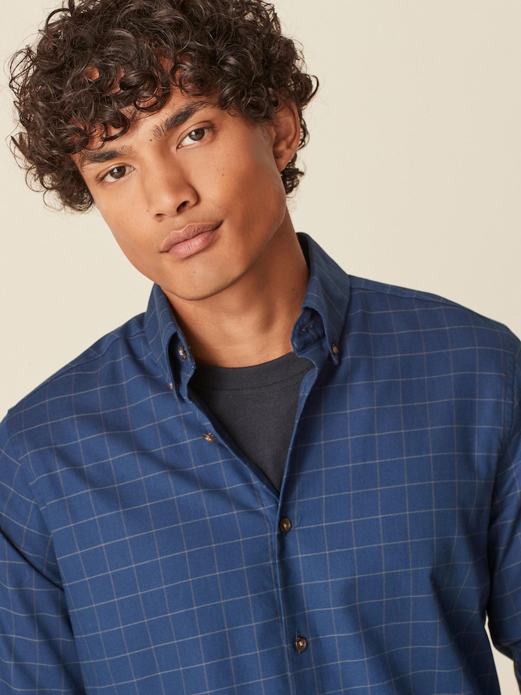 Navy Blue Check Trimmed Shirt - Image 1 of 5 Navy Blue Check Trimmed Shirt - Image 1 of 5