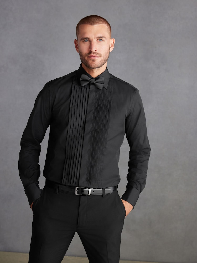 Black Pleated Double Cuff 100% Cotton Dress Shirt With Cutaway Collar - Image 1 of 7