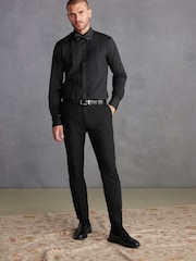 Black Pleated Double Cuff 100% Cotton Dress Shirt With Cutaway Collar - Image 2 of 7