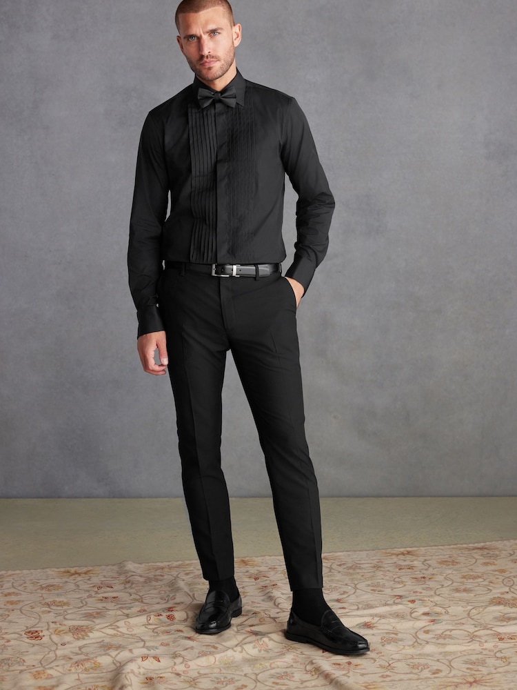 Black Pleated Double Cuff 100% Cotton Dress Shirt With Cutaway Collar - Image 2 of 7