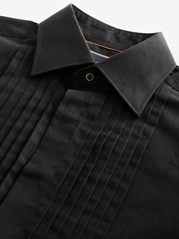 Noir plissé - Chemise de chambre à double poignet 100% coton avec col découpé - Image 6 of 7