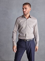 Neutral Brown Slim Fit Signature Textured Single Cuff Shirt With Trim Detail - Image 1 of 7