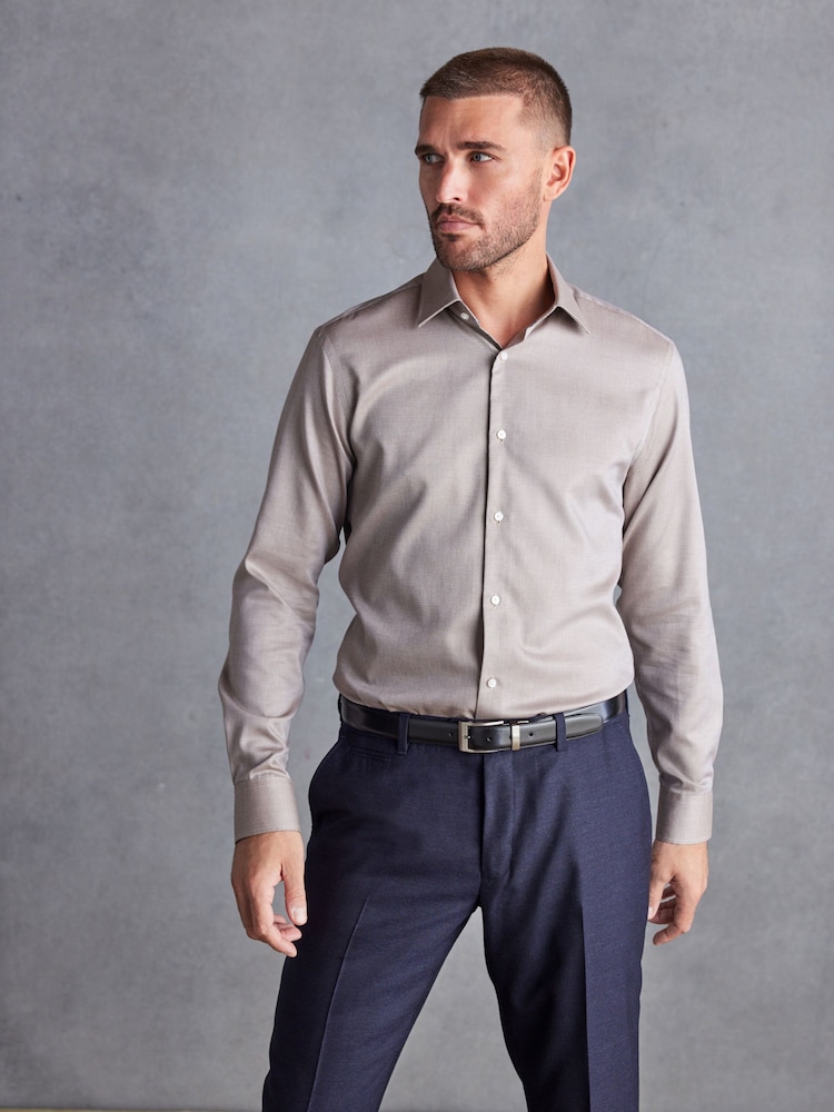 Neutral Brown Slim Fit Signature Textured Single Cuff Shirt With Trim Detail - Image 1 of 7