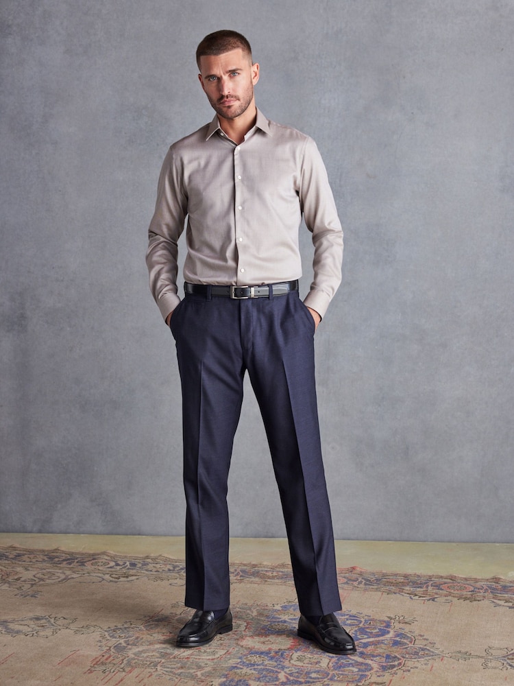 Neutral Brown Slim Fit Signature Textured Single Cuff Shirt With Trim Detail - Image 2 of 7