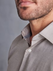 Neutral Brown Slim Fit Signature Textured Single Cuff Shirt With Trim Detail - Image 4 of 7