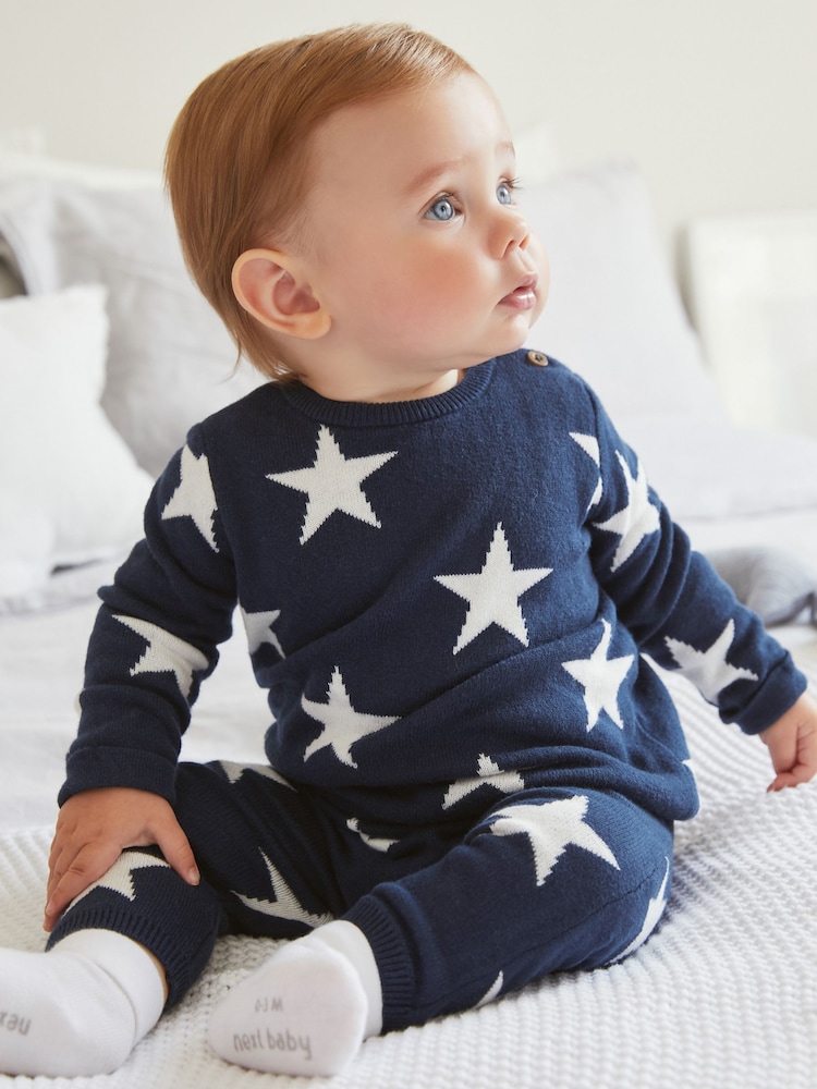 Navy Blue Star Knitted Baby 2 Piece Set (0mths-2yrs) - Image 1 of 6